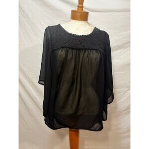 Xhilaration Butterfly Sheer Black Blouse w/ Lace (Medium)